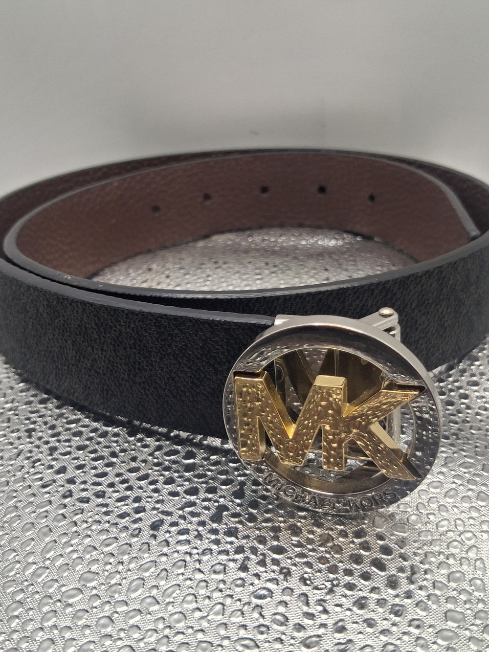Michael Kors Womens Black Leather Belt with Gold MK Logo Buckle